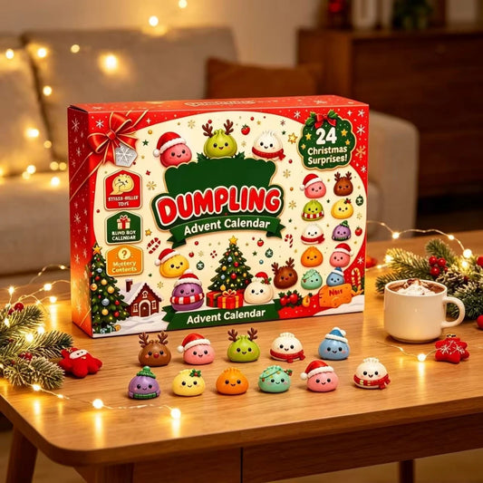Dumpling advent calendar box with squishies on a table