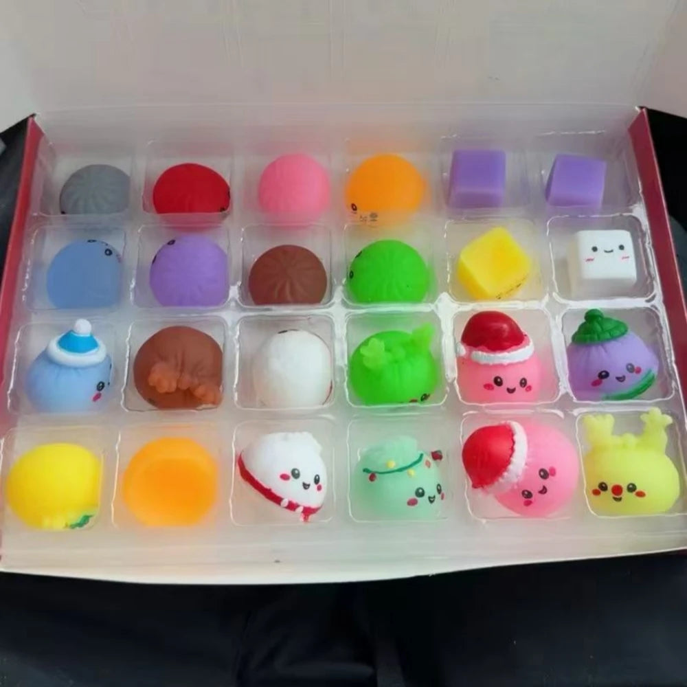 Opened tray showing all 24 squishies